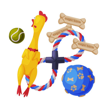 Dog Accessories Set, Pet Animal Stuff, Toys for Dogs Cartoon Style Vector Illustrationのイラスト素材
