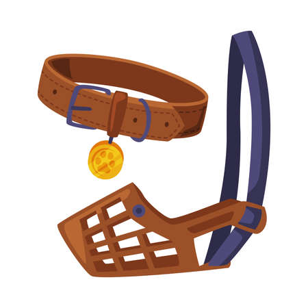 Dog Accessories Set, Pet Animal Stuff, Leather Dog Muzzle and Collar Cartoon Style Vector Illustrationのイラスト素材