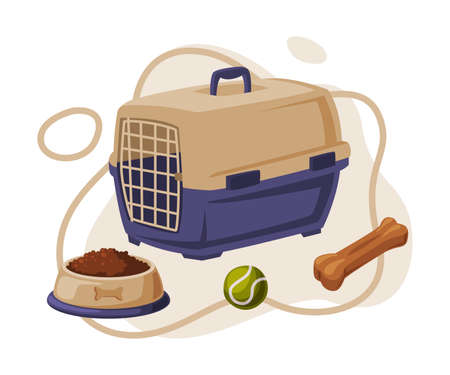 Dog Accessories Set, Pet Animal Stuff, Bowl of Dog Food, Portable Cage, Bone Cartoon Style Vector Illustrationのイラスト素材