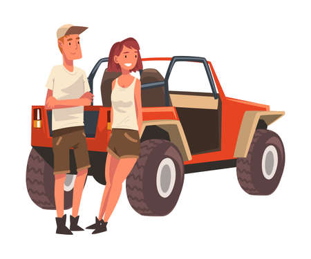 Couple of Travellers Standing in front of Car SUV, African Safari Travel, Male and Female Tourists Exploring Fauna of Savanna Cartoon Vector Illustrationのイラスト素材