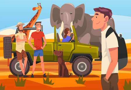 African Safari Travel, Tourists in Jeep Watching and Taking Photos of Wild Animals in Savanna Cartoon Vector Illustrationのイラスト素材