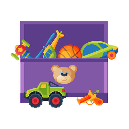 Box with Various Colorful Toys, Plastic Container with Helicopter, Ball, Car, Gun Flat Vector Illustrationのイラスト素材