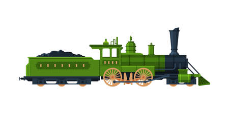 Old Train, Vintage Locomotive and Cargo Wagon Loadedwith Coal, Railroad Transportation Flat Vector Illustration on White Backgroundのイラスト素材