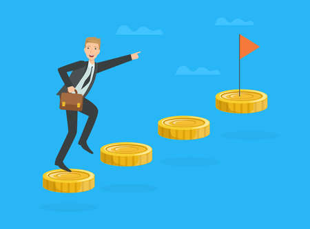 Businessman Running on Rising Gold Coin Graph Stair to Goal, Path to Success Cartoon Vector Illustratioのイラスト素材