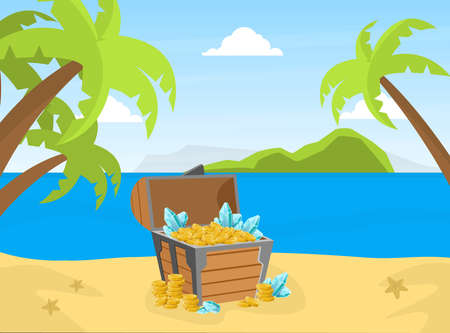 Wooden Chest with Golden Coins and Gems on Tropical Island, Lost Treasures Cartoon Vector Illustrationのイラスト素材
