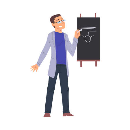 Scientist in Lab, Young Man in Coat Doing Chemical Research in Science Laboratory, Man Writing on the Chalkboard Vector Illustration on White Backgroundのイラスト素材
