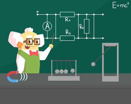 Old Physicist Scientist Character, Professor Standing in front of Blackboard Vector Illustrationのイラスト素材