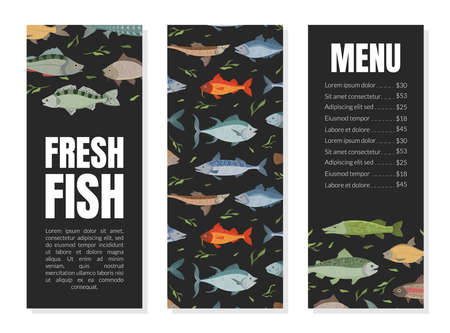 Fresh Fish Menu Template, Restaurant and Cafe Seafood Menu, River and Marine Fishes Seamless Pattern Flat Vector Illustrationのイラスト素材