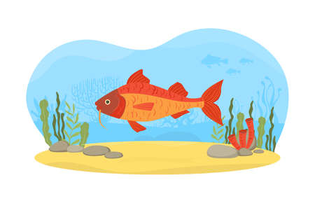 Underwater Nature Scene with Swimming Fish, Seaweeds and Sand Vector Illustrationのイラスト素材
