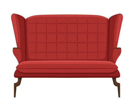 Comfortable Sofa, Cushioned Cozy Domestic or Office Furniture with Red Upholstery, Interior Design Element Flat Vector Illustrationのイラスト素材