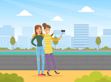 Two Young Women Making Selfie on City Street, Best Friends Forever Concept Cartoon Vector Illustrationのイラスト素材