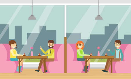 Cheerful People Eating Desserts in Cafe, Cafeteria or Confectionery Interior Cartoon Vector Illustrationのイラスト素材