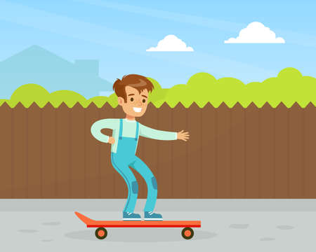 Cute Smiling Boy Riding Skateboard Outdoor, Kid Outdoor Activity Cartoon Vector Illustrationのイラスト素材