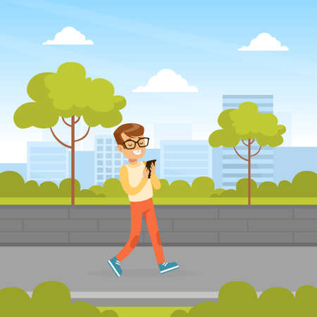 Cute Boy Walking with Smartphone in Summer Park Outdoor Cartoon Vector Illustrationのイラスト素材