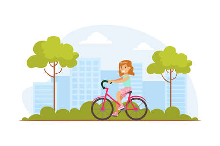 Smiling Little Girl Riding Bicycle in Park Outdoor, Kid Summer Outdoor Activity Cartoon Vector Illustrationのイラスト素材