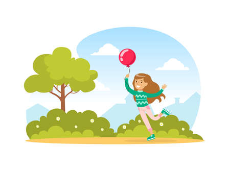 Cute Girl with Balloon Walking in the Park Outdoors, Kid Summer Outdoor Activity Cartoon Vector Illustrationのイラスト素材