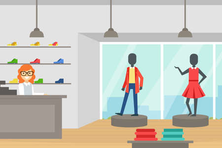 Fashion Store, Boutique of Clothes and Shoes, Clothing Shop Interior with Seller at Counter Cartoon Vector Illustrationのイラスト素材