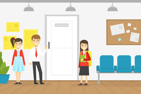 Cute Pupils Standing at Closed Classroom Door, School Interior, Back to School Concept Cartoon Vector Illustrationのイラスト素材