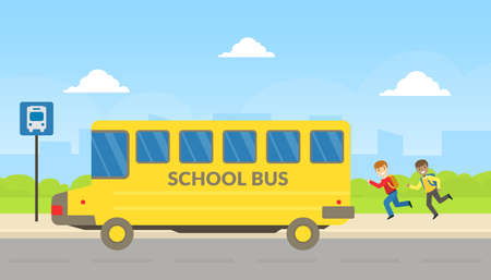 School Boys Running to Yellow School Bus at Bus Stop Cartoon Vector Illustration