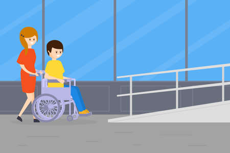 Woman Strolling with Disabled Man in Wheelchair, Handicapped Person and Volunteer or Friend Helping Him Vector Illustrationのイラスト素材