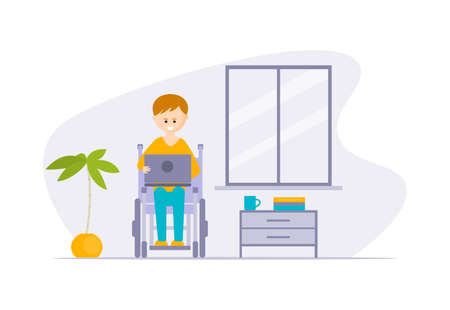Young Disabled Man in Wheelchair Using Laptop Computer at Home Cartoon Vector Illustrationのイラスト素材