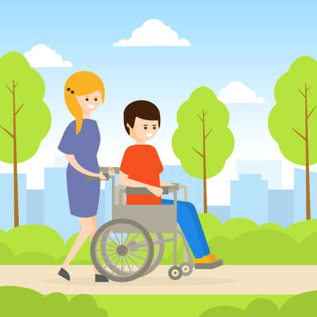 Young Woman Strolling with Disabled Man in Wheelchair, Handicapped Person and Volunteer or Friend Helping Him Cartoon Vector Illustrationのイラスト素材
