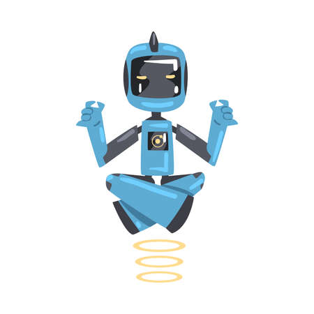 Friendly Robot Meditating Flying over Floor, Cute Personal Robotic Assistant Character, Artificial Intelligence Concept Cartoon Style Vector Illustrationのイラスト素材