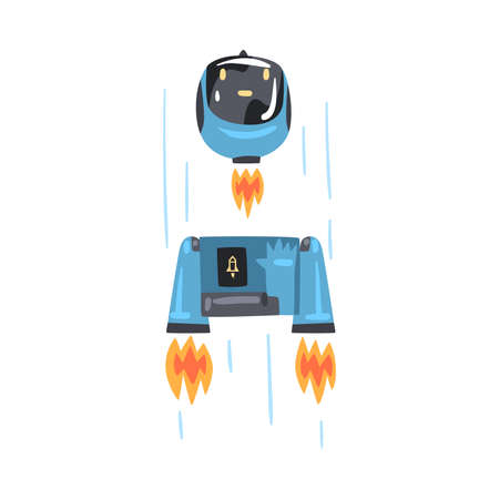 Funny Robot Launch, Cute Personal Robotic Assistant Character, Artificial Intelligence Concept Cartoon Style Vector Illustrationのイラスト素材