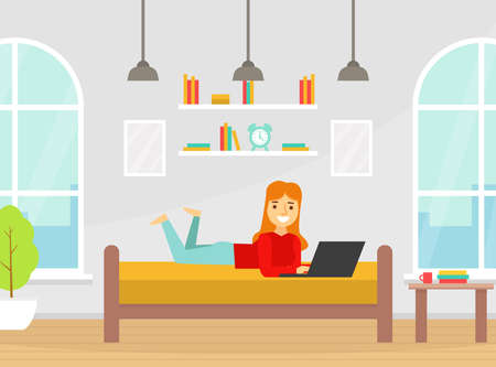 Smiling Girl Lying on Comfortable Couch Using Laptop Computer for Freelance Work or Studying Vector Illustrationのイラスト素材