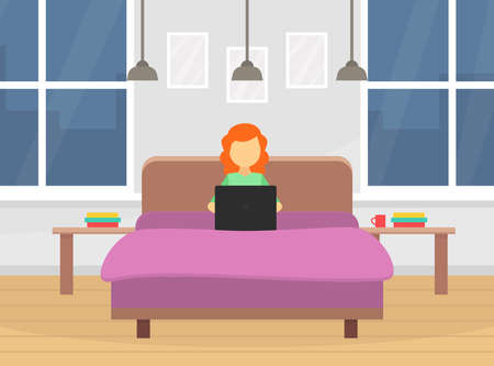 Girl Working on Laptop while Sitting on the Bed, Freelance Work or Studying Cartoon Vector Illustrationのイラスト素材