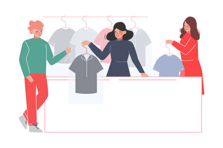 Dry Cleaning Service, Female Worker Giving to Client Clean Clothes on Reception of Laundry Flat Style Vector Illustrationのイラスト素材