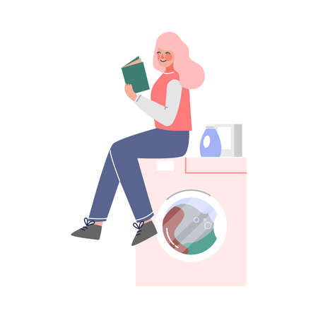 Young Woman Doing Laundry at Home or Public Laundrette, Girl Sitting on Washing Machine and Reading Book Flat Style Vector Illustrationのイラスト素材