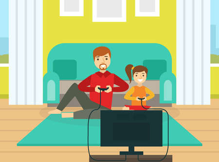 Father and his Daughter Playing Video Games Together, Family Leisure Activity Cartoon Vector Illustrationのイラスト素材