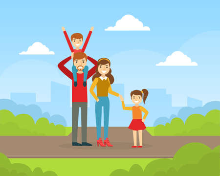 Happy Family Walking and Having Fun Outdoors, Mother, Father, Daughter and Son Spending Time Together in Park Cartoon Vector Illustrationのイラスト素材