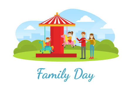 Family Day Landing Banner Template, Happy Parents and Kids Having Fun in Amusement Park Cartoon Vector Illustrationのイラスト素材