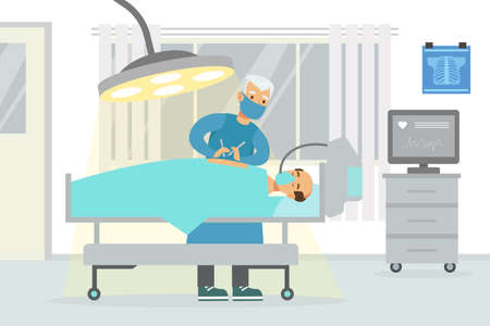 Surgeon Operating Male Patient on Table Under Glowing Lamp, Medical Hospital Surgery Operation Room Interior Cartoon Vector Illustrationのイラスト素材