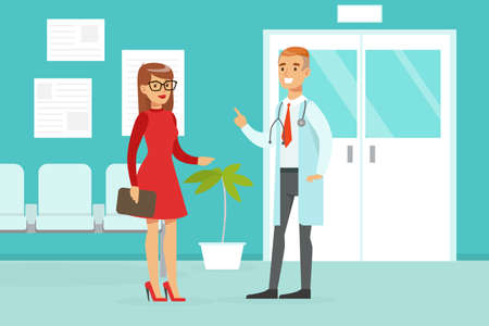 Female Doctor Consulting Female Patient in Medical Clinic Hallway, Medicine, Healthcare Concept, Hospital Room Interior Cartoon Vector Illustrationのイラスト素材