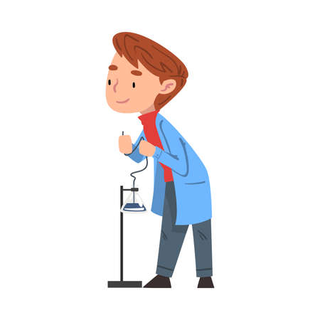 Male Chemist Scientist with Lab Equipment, Doctor or Student Character Working at Medical or Researching Laboratory Cartoon Style Vector Illustrationのイラスト素材