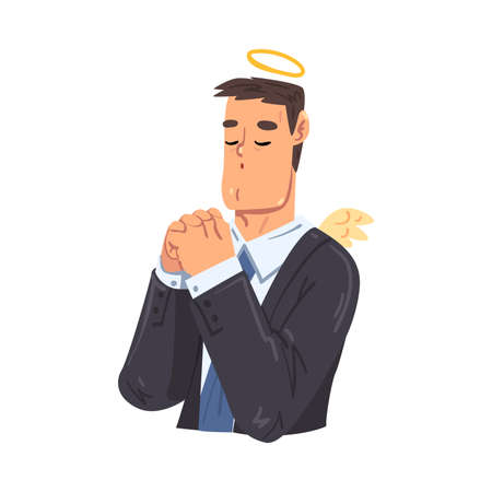 Angelic Businessman Praying, Funny Office Worker Character in Formal Style Clothes, Business Avatar Cartoon Style Vector Illustrationのイラスト素材
