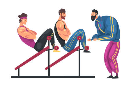 Sportive Muscular Men Doing Abs on Abdominal Crunch Bench, Male Coach Trainer Character Motivating...