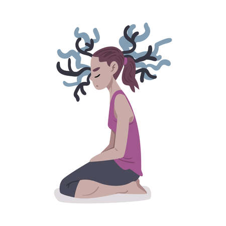 Girl in Depressive State of Mind, Mental Health Problems, Psychological Disorder Concept Cartoon Style Vector Illustrationのイラスト素材