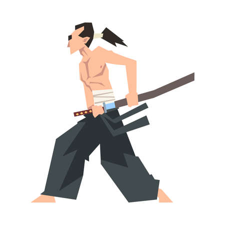 Samurai Character Wearing Hakama and Holding Japanese Sword Vector Illustrationのイラスト素材