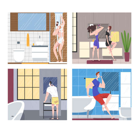 Hygiene Procedures in Bathroom Set, People Brushing their Teeth, Shaving, Taking Shower, Daily Routine Cartoon Vector Illustrationのイラスト素材