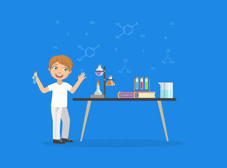 Young Scientist Doing Chemistry Experiments, Cute Boy Holding Test Tube Vector Illustrationのイラスト素材