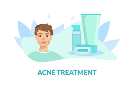 Acne Treatment Banner Template, Guy with Skin Problems Vector Illustrationのイラスト素材