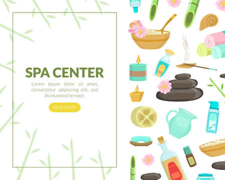 Spa Center Landing Page Template with Space for Text, Beauty Salon, Store, Wellness Center, Natural Cosmetics, Relaxing Procedures, Skincare Treatment Website, Homepage, App Vector Illustrationのイラスト素材