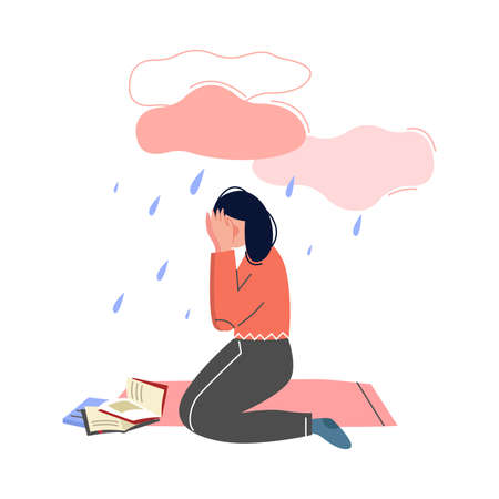 Depressed Teen Girl Sitting under Rain Cloud, Girl Having Learning Problems Vector Illustrationのイラスト素材