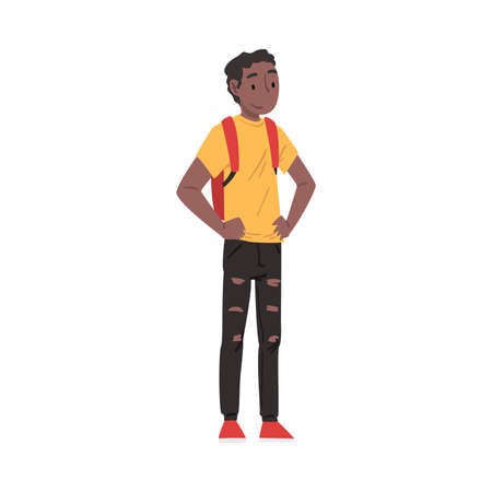 Smiling African American Teenage Boy Standing with Backpack, Happy Schoolboy, Student, Classmate or Friend Positive Character Cartoon Style Vector Illustrationのイラスト素材