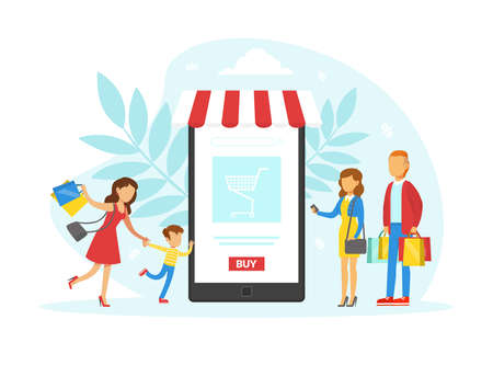 Tiny Customers Ordering and Buying Goods Using Smartphone, Online Shopping, E-commerce Concept Flat Vector Illustrationのイラスト素材