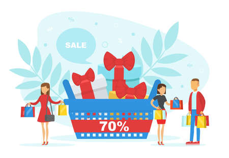 People Shopping, Tiny Customers with Huge Shopping Bags and Gift Boxes, Online Shopping, E-commerce Concept Flat Vector Illustrationのイラスト素材